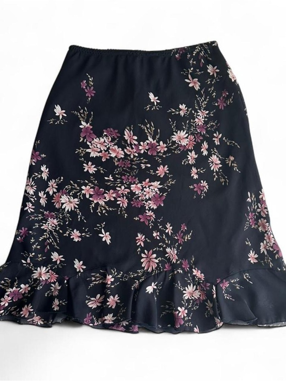 Vintage Jessica Black Midi Skirt with Pink Floral Print - S/M